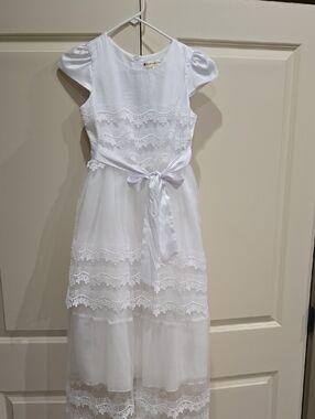 Girls' White Lace Formal Dress with Satin Waist Bow